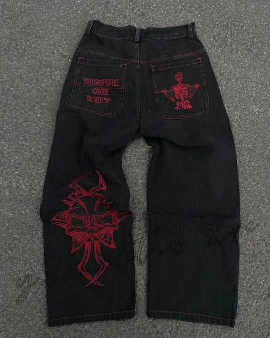 Embroidered Baggy Jeans – Men's Relaxed Fit Washed Denim