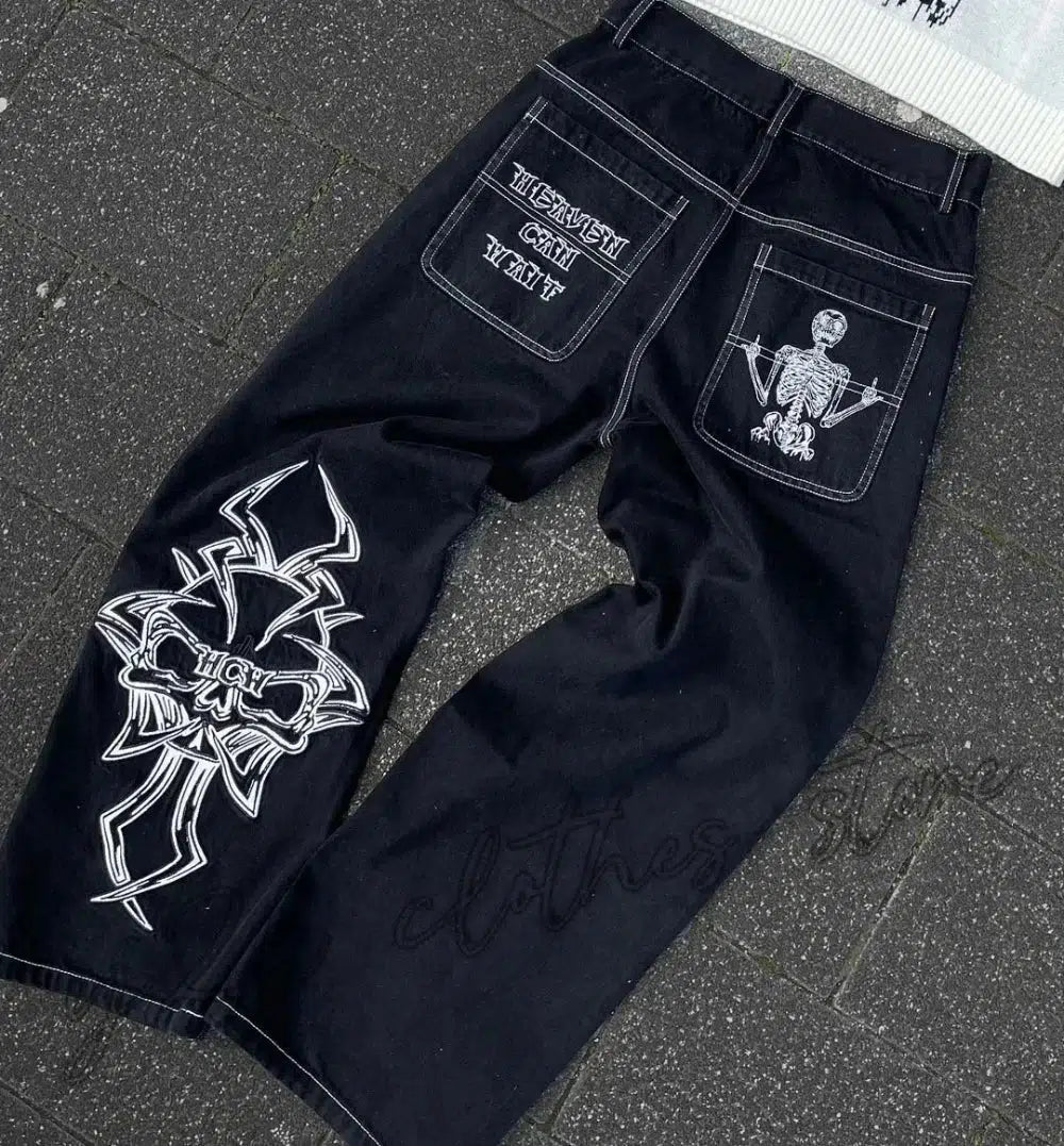 Embroidered Baggy Jeans – Men's Relaxed Fit Washed Denim
