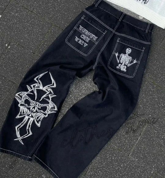 Embroidered Baggy Jeans – Men's Relaxed Fit Washed Denim