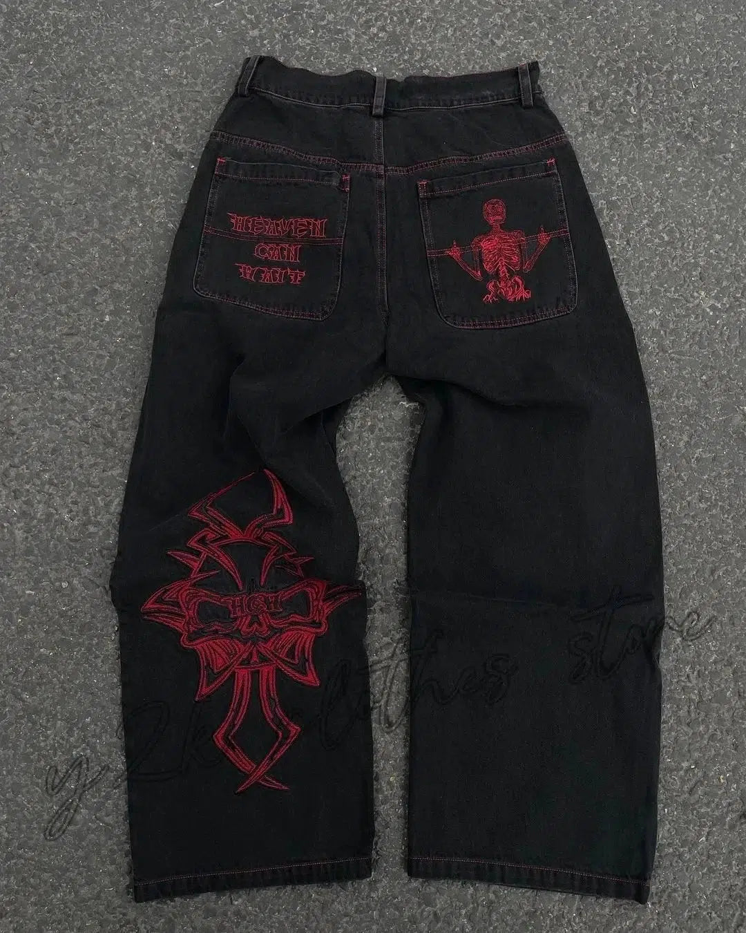 Embroidered Baggy Jeans – Men's Relaxed Fit Washed Denim