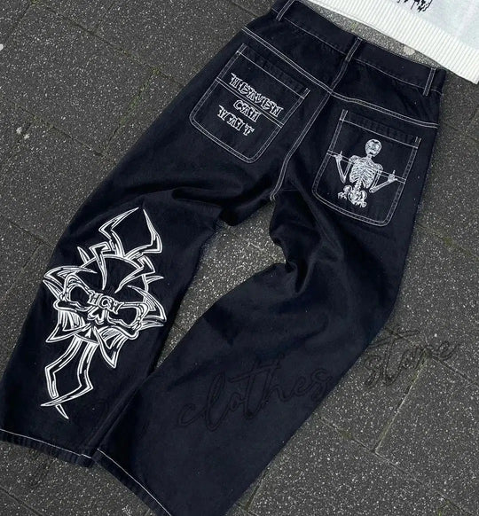 Embroidered Baggy Jeans – Men's Relaxed Fit Washed Denim