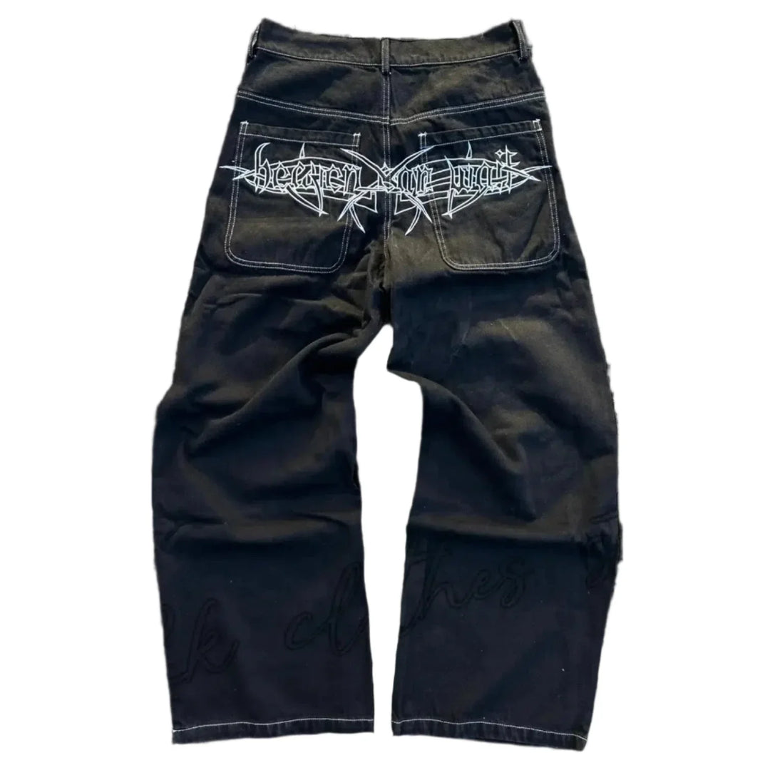 Embroidered Baggy Jeans – Men's Relaxed Fit Washed Denim