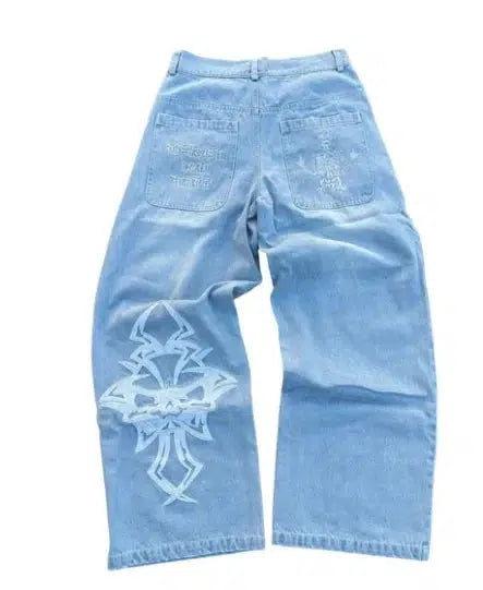 Embroidered Baggy Jeans – Men's Relaxed Fit Washed Denim