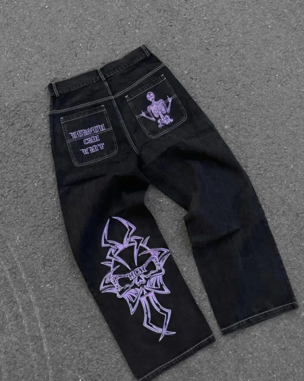 Embroidered Baggy Jeans – Men's Relaxed Fit Washed Denim