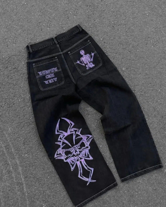 Embroidered Baggy Jeans – Men's Relaxed Fit Washed Denim