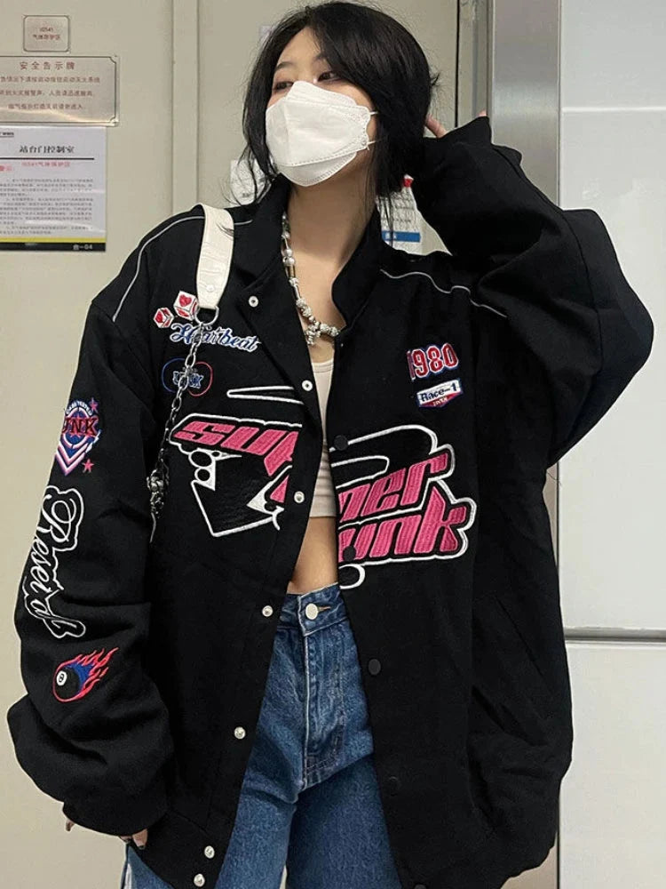 Embroidered Graphic Varsity Jacket – Women's Relaxed Fit