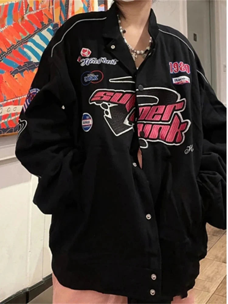 Embroidered Graphic Varsity Jacket – Women's Relaxed Fit