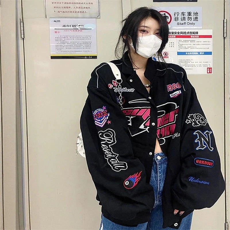 Embroidered Graphic Varsity Jacket – Women's Relaxed Fit