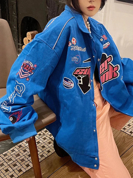 Embroidered Graphic Varsity Jacket – Women's Relaxed Fit