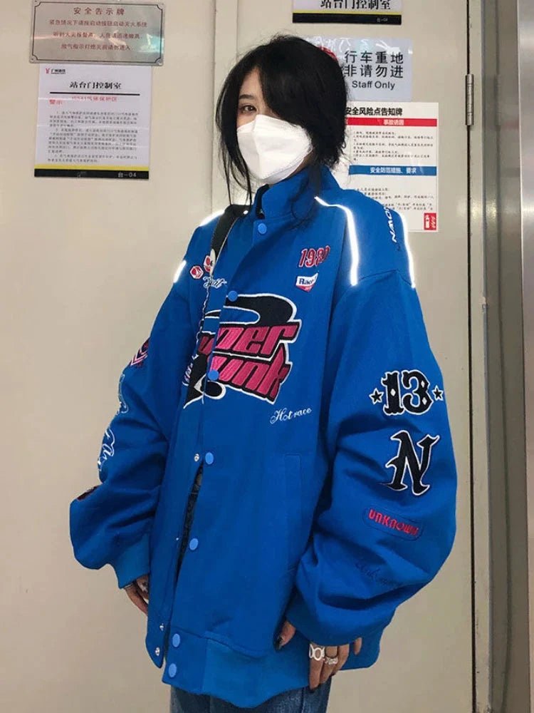 Embroidered Graphic Varsity Jacket – Women's Relaxed Fit