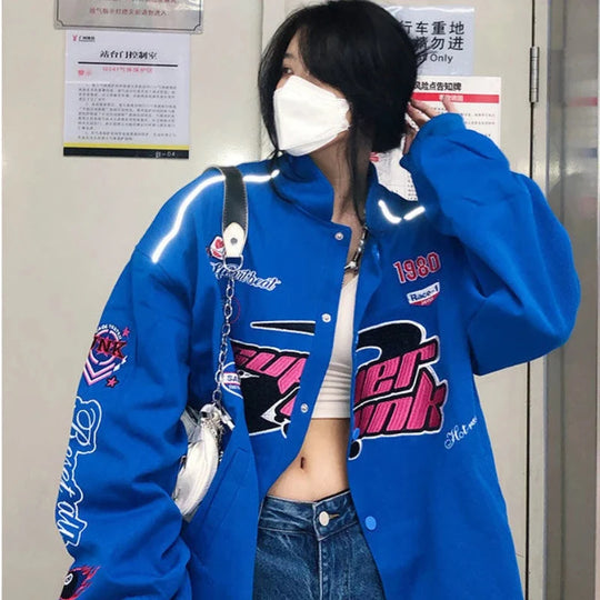 Embroidered Graphic Varsity Jacket – Women's Relaxed Fit