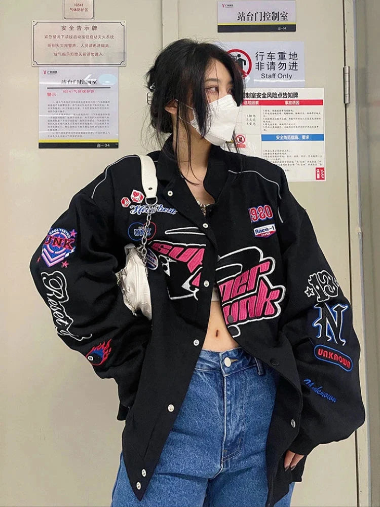 Embroidered Graphic Varsity Jacket – Women's Relaxed Fit