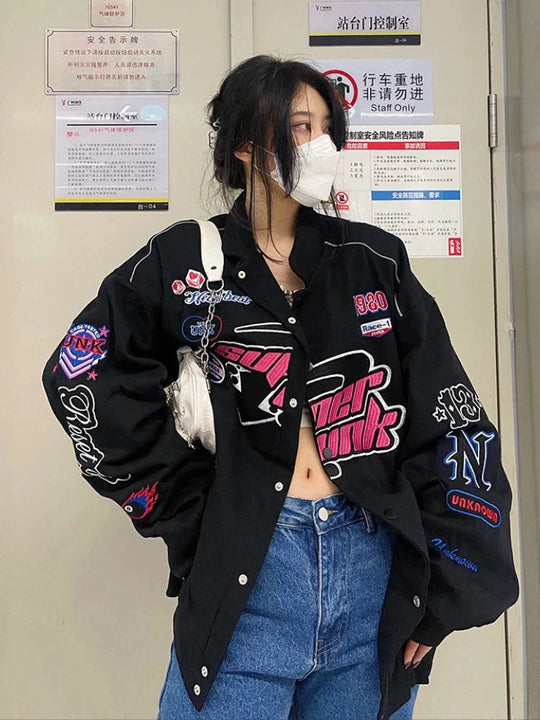 Embroidered Graphic Varsity Jacket – Women's Relaxed Fit