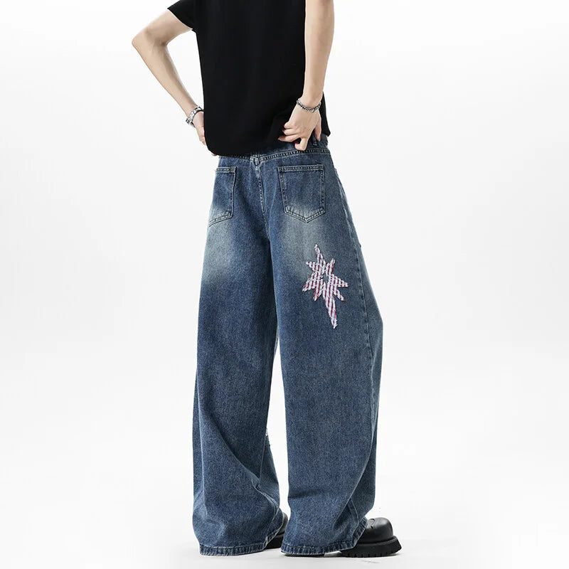 Patchwork Star Embroidered Jeans – Unisex Baggy Wide-Leg Denim