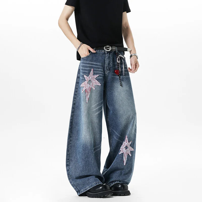 Patchwork Star Embroidered Jeans – Unisex Baggy Wide-Leg Denim