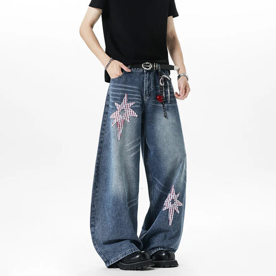 Patchwork Star Embroidered Jeans – Unisex Baggy Wide-Leg Denim