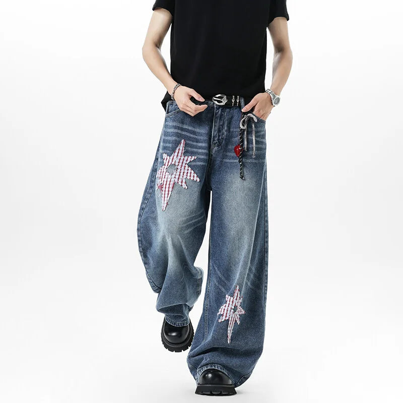 Patchwork Star Embroidered Jeans – Unisex Baggy Wide-Leg Denim
