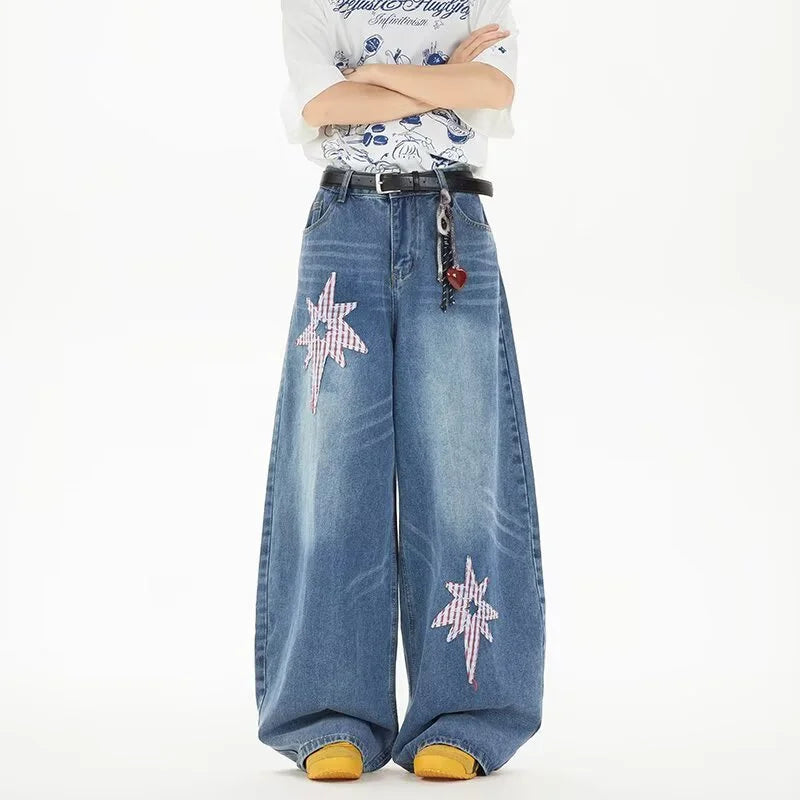 Patchwork Star Embroidered Jeans – Unisex Baggy Wide-Leg Denim