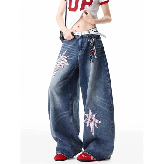Patchwork Star Embroidered Jeans – Unisex Baggy Wide-Leg Denim