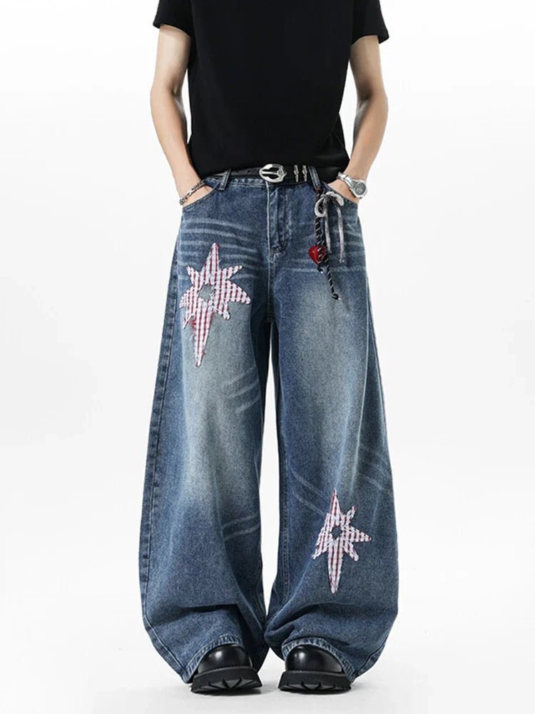 Patchwork Star Embroidered Jeans – Unisex Baggy Wide-Leg Denim