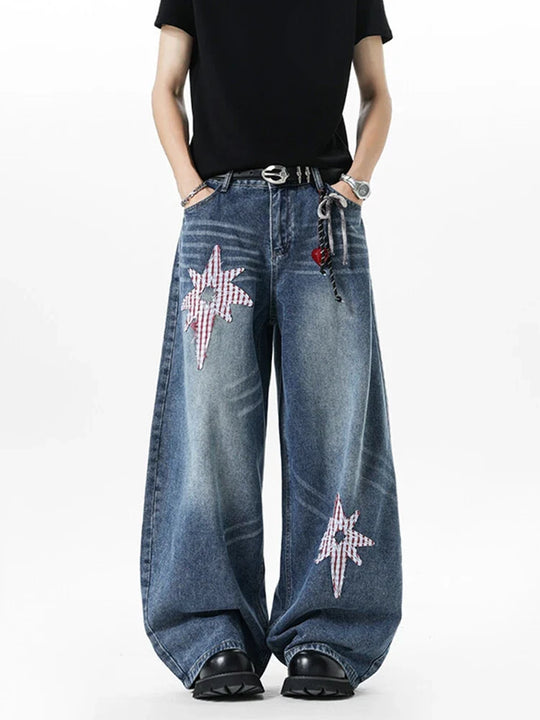 Patchwork Star Embroidered Jeans – Unisex Baggy Wide-Leg Denim