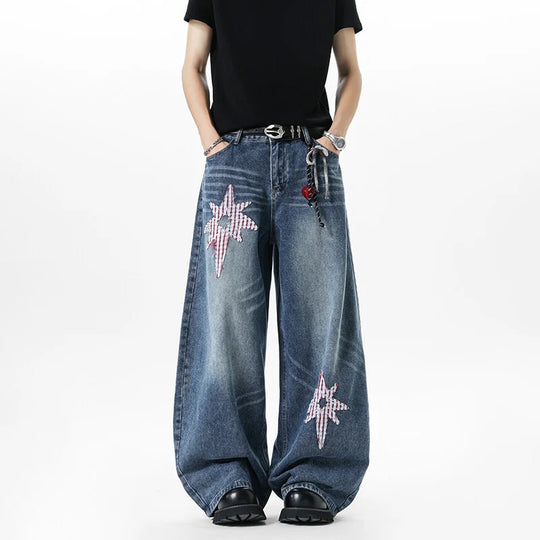 Patchwork Star Embroidered Jeans – Unisex Baggy Wide-Leg Denim