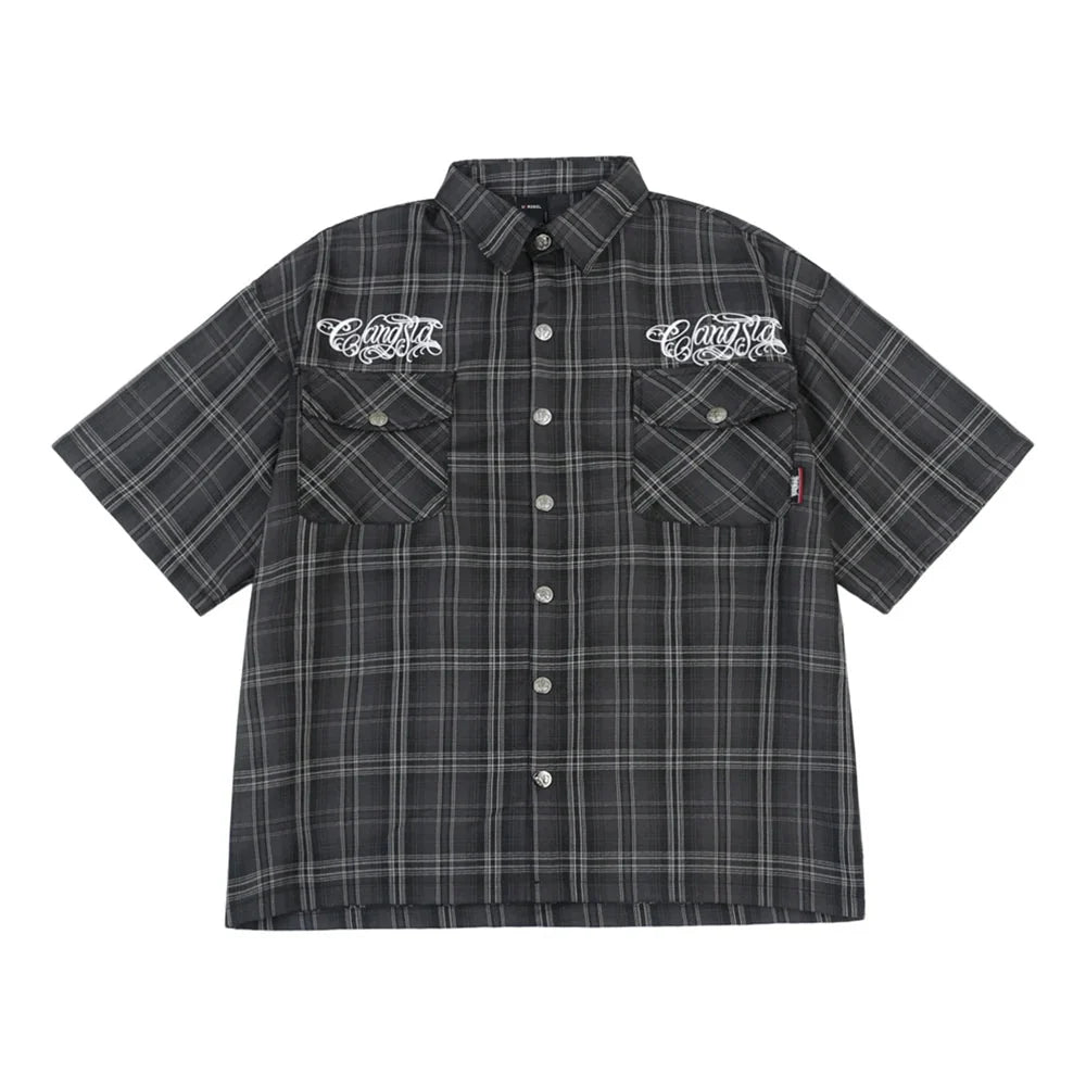 Embroidered Plaid Flannel Shirt – Unisex Short Sleeve Button-Up