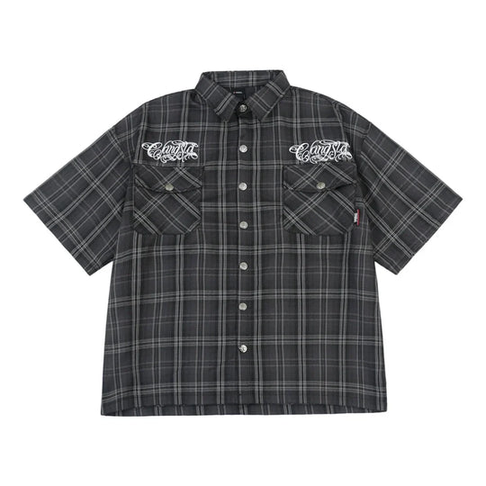 Embroidered Plaid Flannel Shirt – Unisex Short Sleeve Button-Up
