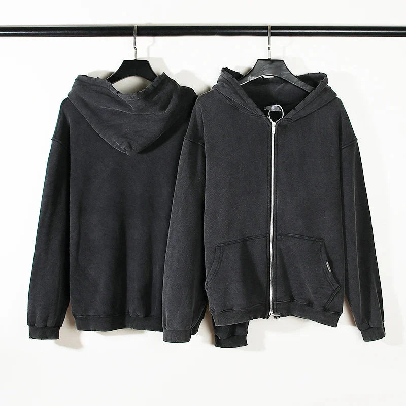 Washed Zip-Up Hoodie – Men's Plain Baggy Fleece