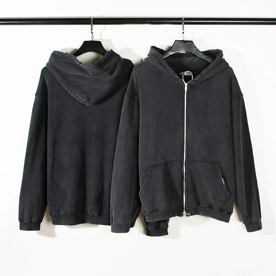 Washed Zip-Up Hoodie – Men's Plain Baggy Fleece