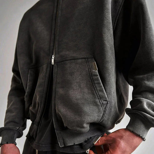 Washed Zip-Up Hoodie – Men's Plain Baggy Fleece