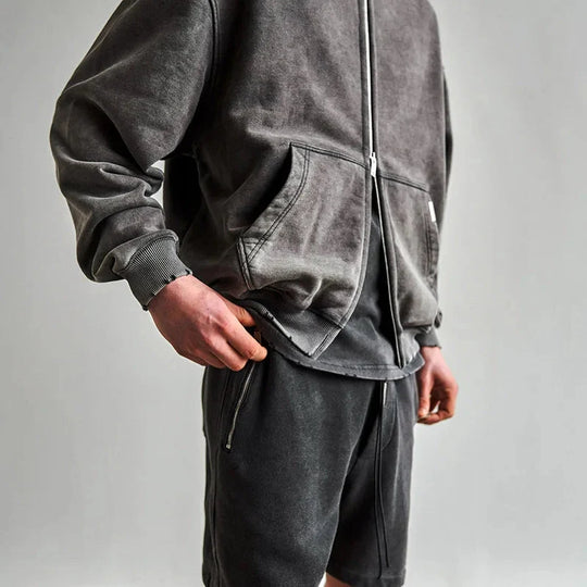 Washed Zip-Up Hoodie – Men's Plain Baggy Fleece