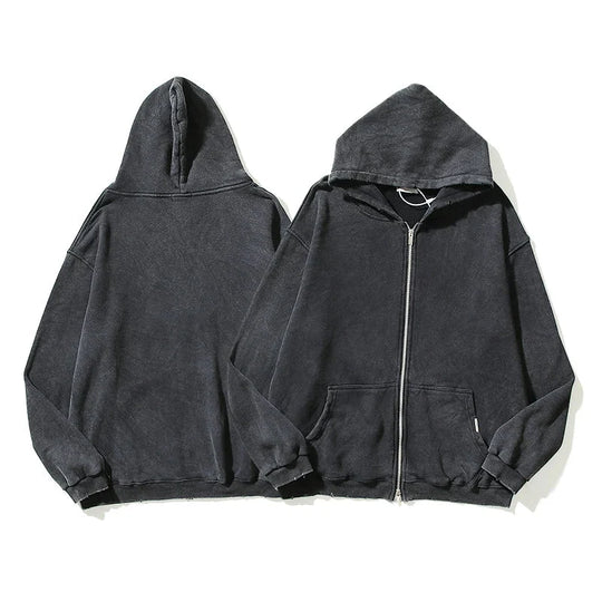 Washed Zip-Up Hoodie – Men's Plain Baggy Fleece