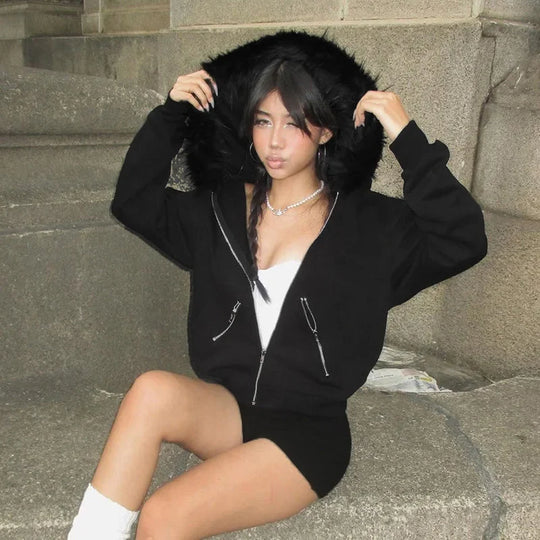 Faux Fur Lined Zip-Up Hoodie – Women's Plush Warm Fit