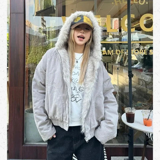 Faux Fur Trim Hooded Jacket – Women's Zip-Up Coat