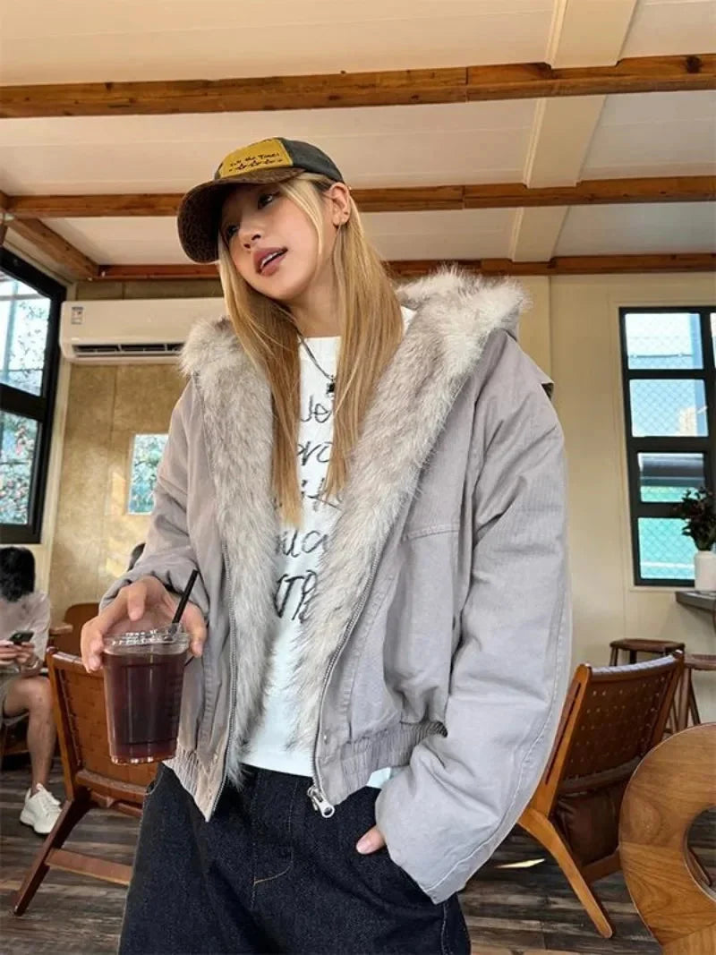 Faux Fur Trim Hooded Jacket – Women's Zip-Up Coat