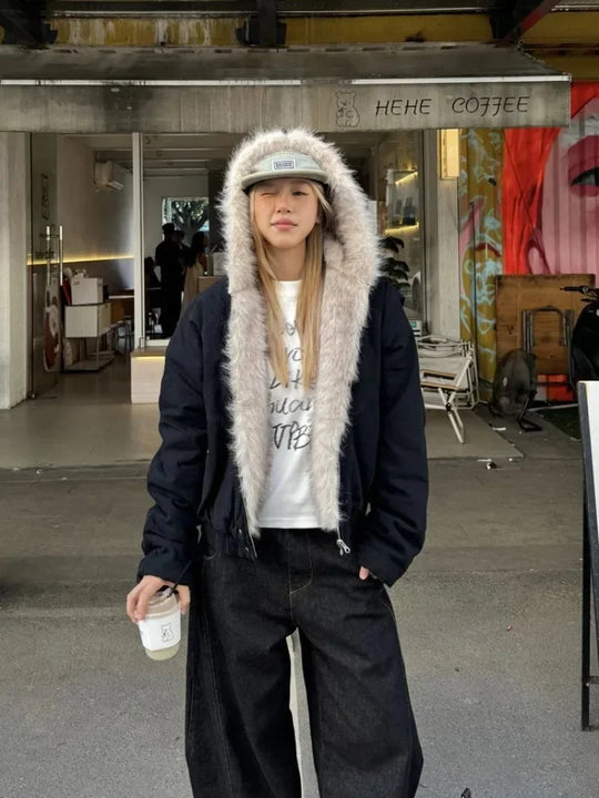 Faux Fur Trim Hooded Jacket – Women's Zip-Up Coat