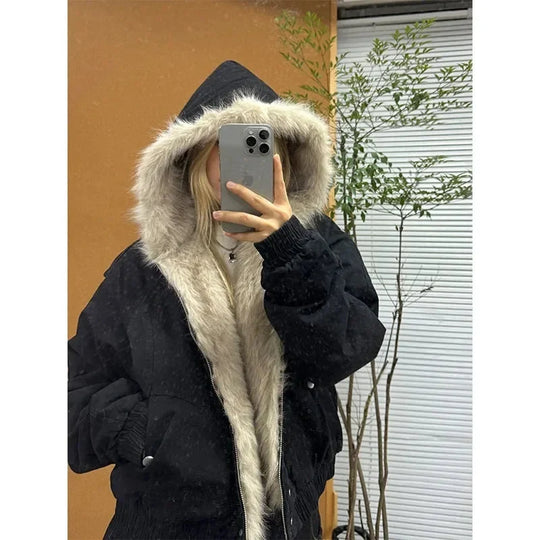 Faux Fur Trim Hooded Jacket – Women's Zip-Up Coat
