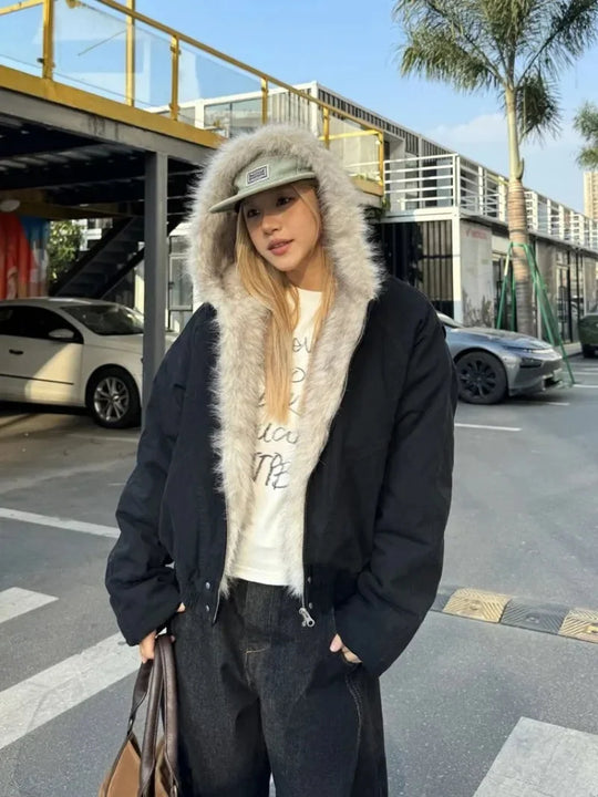 Faux Fur Trim Hooded Jacket – Women's Zip-Up Coat