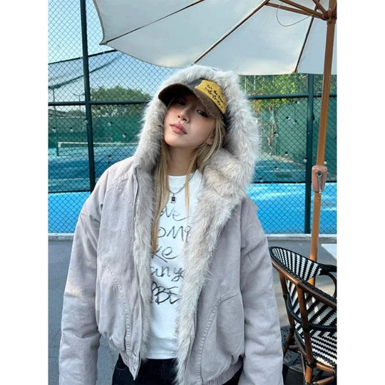 Faux Fur Trim Hooded Jacket – Women's Zip-Up Coat