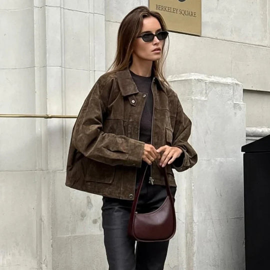 Suede Bomber Jacket – Women's Cropped Pocket Detail Coat