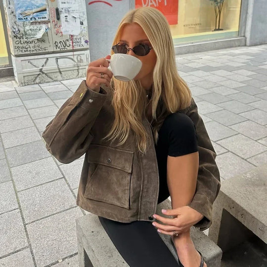 Suede Bomber Jacket – Women's Cropped Pocket Detail Coat