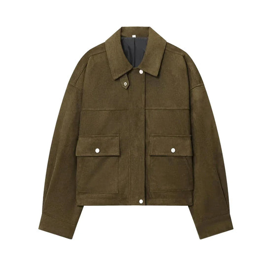 Suede Bomber Jacket – Women's Cropped Pocket Detail Coat