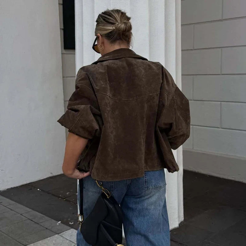 Suede Bomber Jacket – Women's Cropped Pocket Detail Coat
