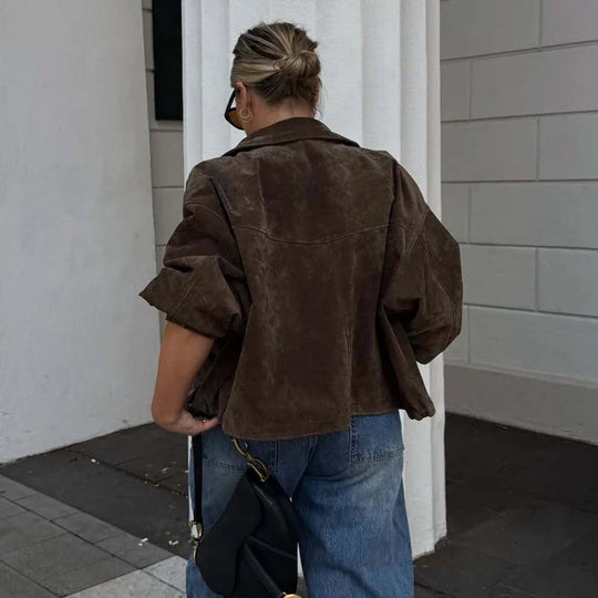 Suede Bomber Jacket – Women's Cropped Pocket Detail Coat