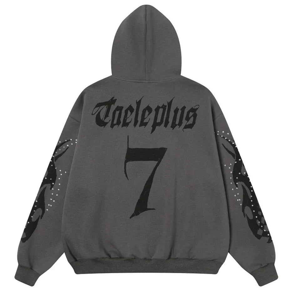 Fire Rhinestone Zip-Up Hoodie – Baggy Flame Graphic