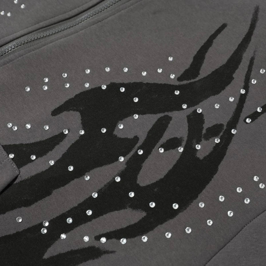 Fire Rhinestone Zip-Up Hoodie – Baggy Flame Graphic