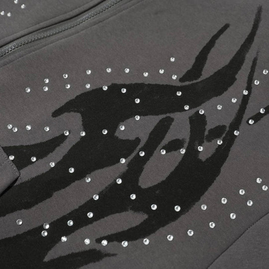 Fire Rhinestone Zip-Up Hoodie – Baggy Flame Graphic