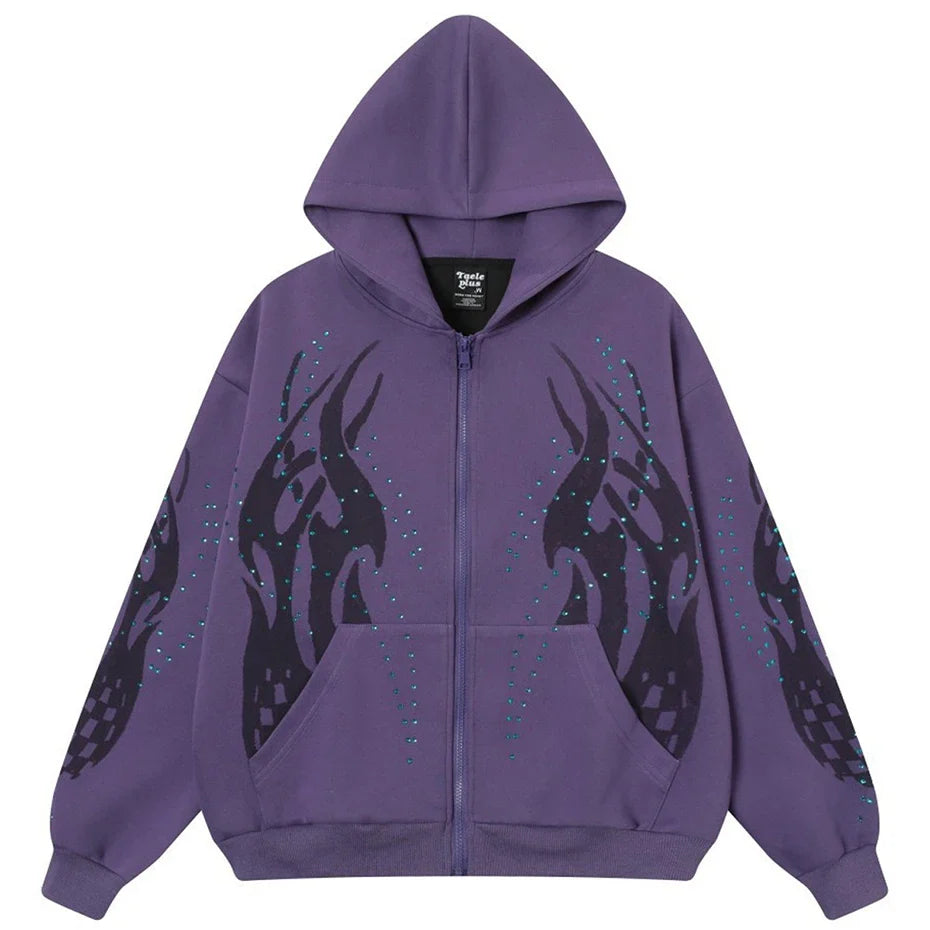 Fire Rhinestone Zip-Up Hoodie – Baggy Flame Graphic