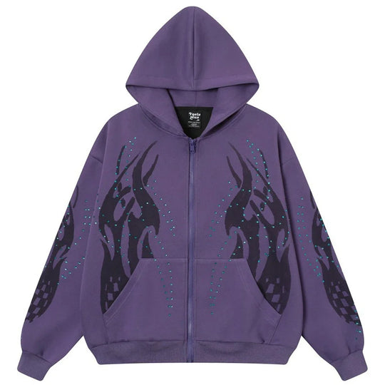 Fire Rhinestone Zip-Up Hoodie – Baggy Flame Graphic